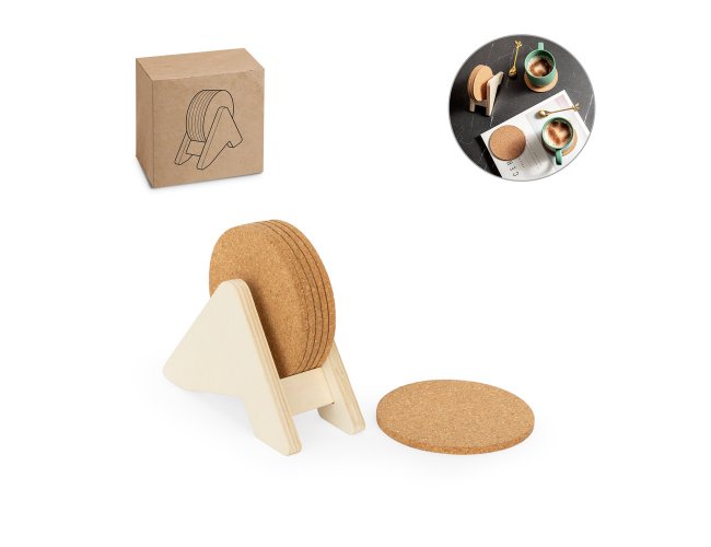 Porta Copos Em Madeira Com 6 Bases Para Copos Em Cortia SP 94368 (MB11490+14)