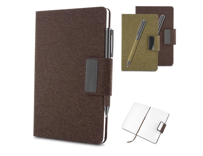 Kit Escritrio em PU e Fibra de Caf ou Ch C/Pauta 20,7x13,2cm e Caneta Metlica AICAD445 (MB13680+14)